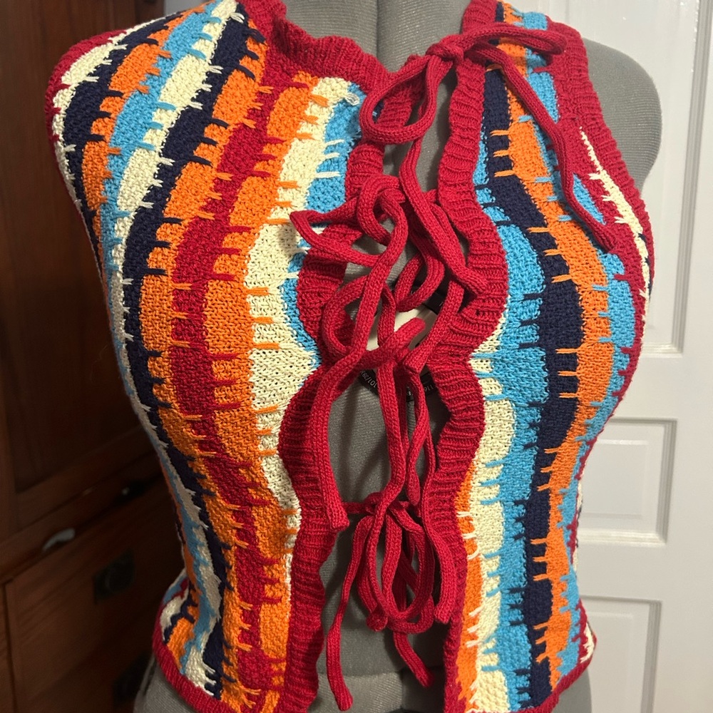 Cider Colorful Knit Lace-Up Top size S NWT
